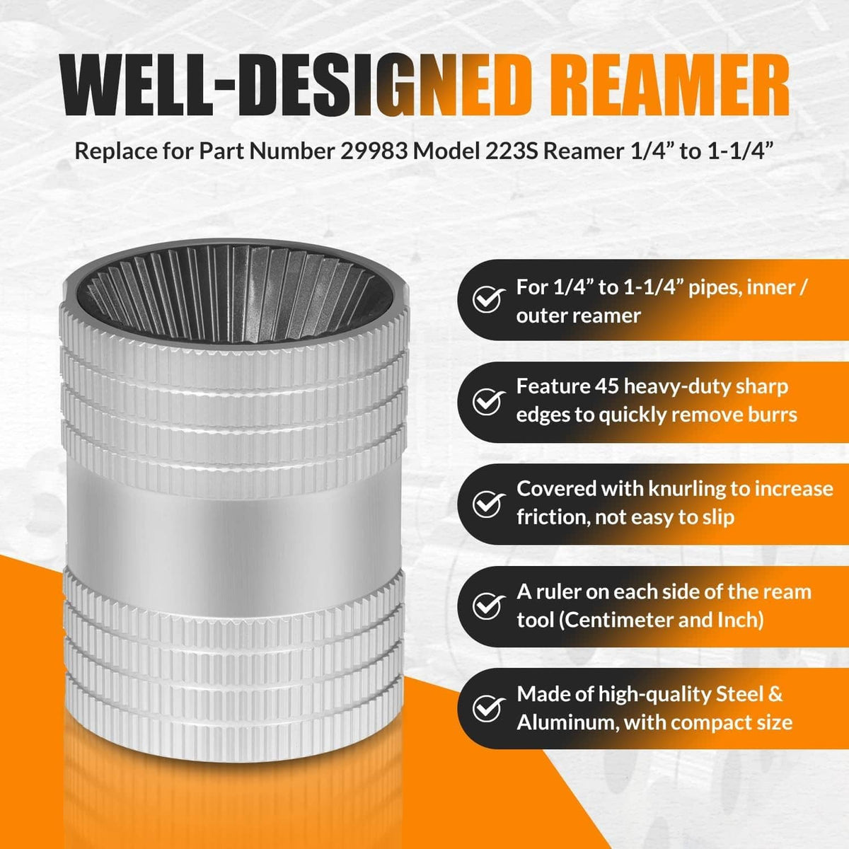 Solid Spare Reaming Tool for Copper,Stainless Steel Tubing,Pipe Reamer Sizes 1/4" to 1-1/4"