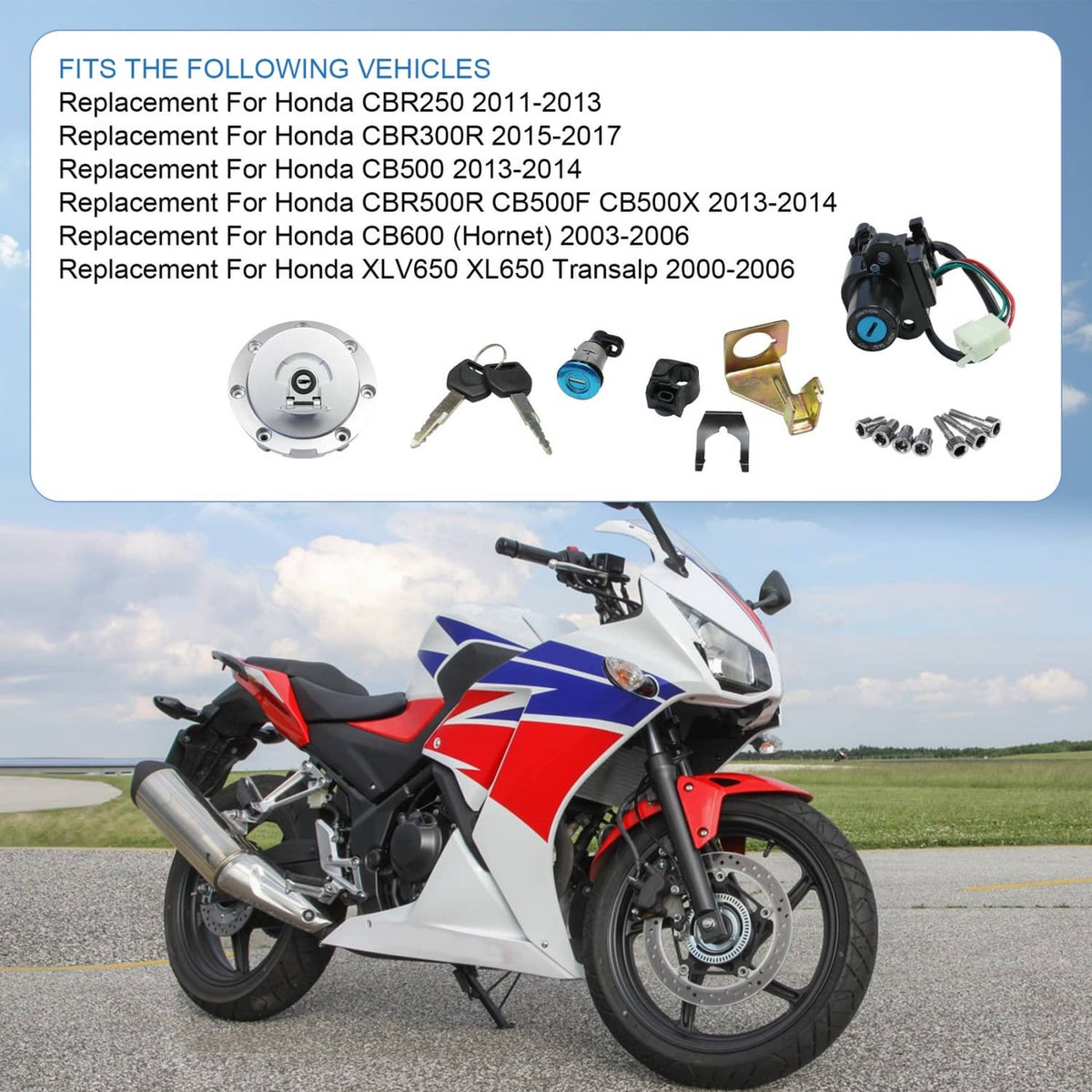 Solidspare Ignition Switch Lock Fuel Gas Cap Cover Set For Honda 2011-2013 CBR250R W/ Keys