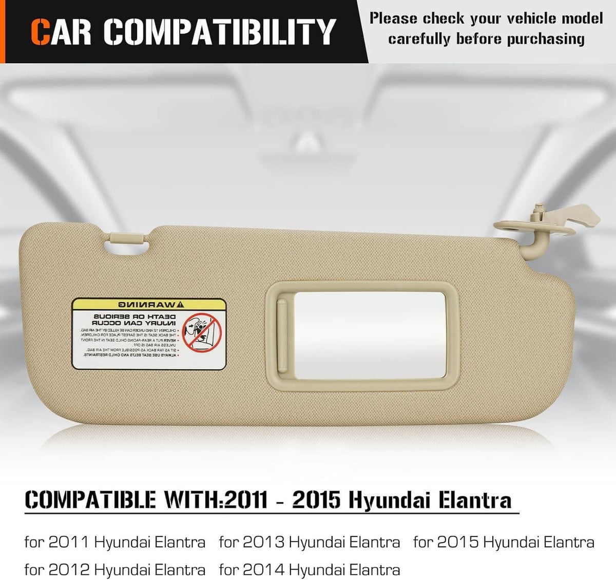Solidspare Right/Passenger Side Sun Visor for 2011-2015 Hyundai Elantra 852103X000TX Beige