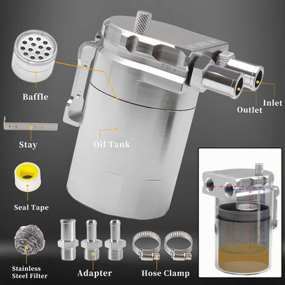 Solidspare Silver Oil Catch Can Kit Reservoir Baffled Tank with Dipstick Universal Aluminum