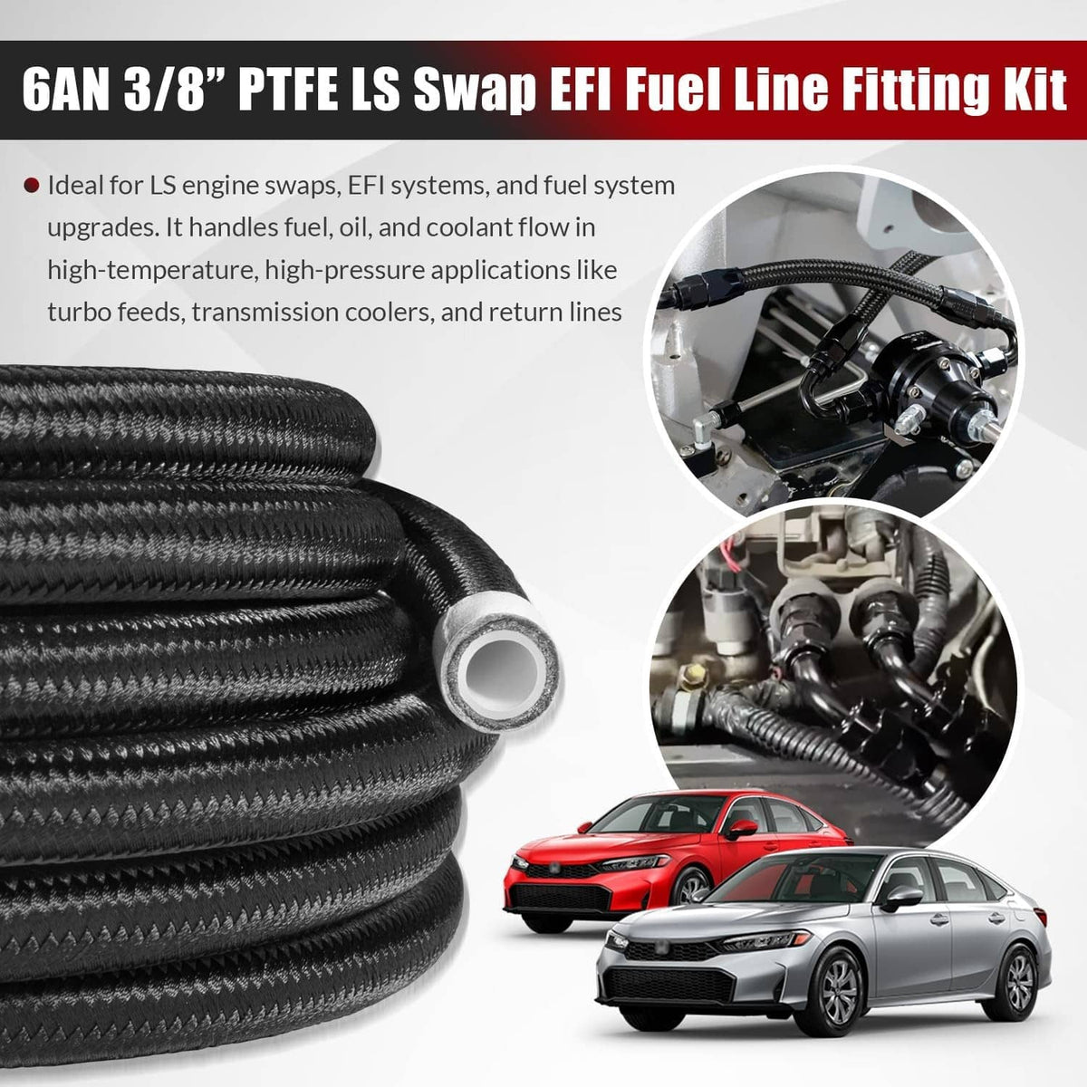 Solidspare 6AN 3/8” PTFE Fuel Line Kit w/Nylon Stainless Braided Fuel Hose 25FT (16Pcs)