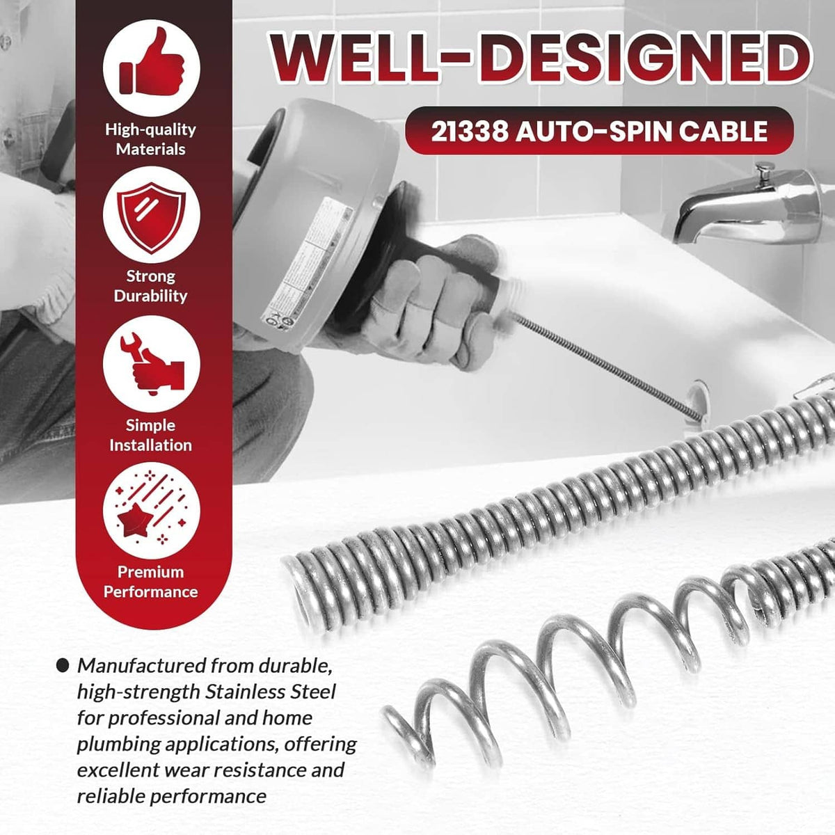Solidspare 21338 Auto-Spin Replacement Drain Cable 1/4” x 30 ft Fit for RIDGID K-45