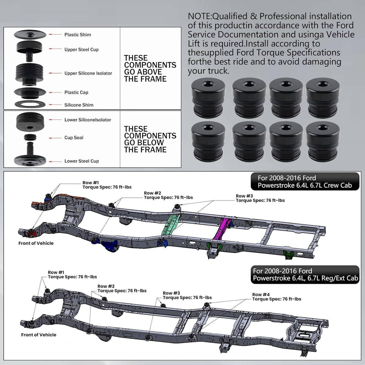 Solidspare Silicone Body Mount Bushing Kit for Ford F250 F350 2008-2016 Super Duty Crew Cab