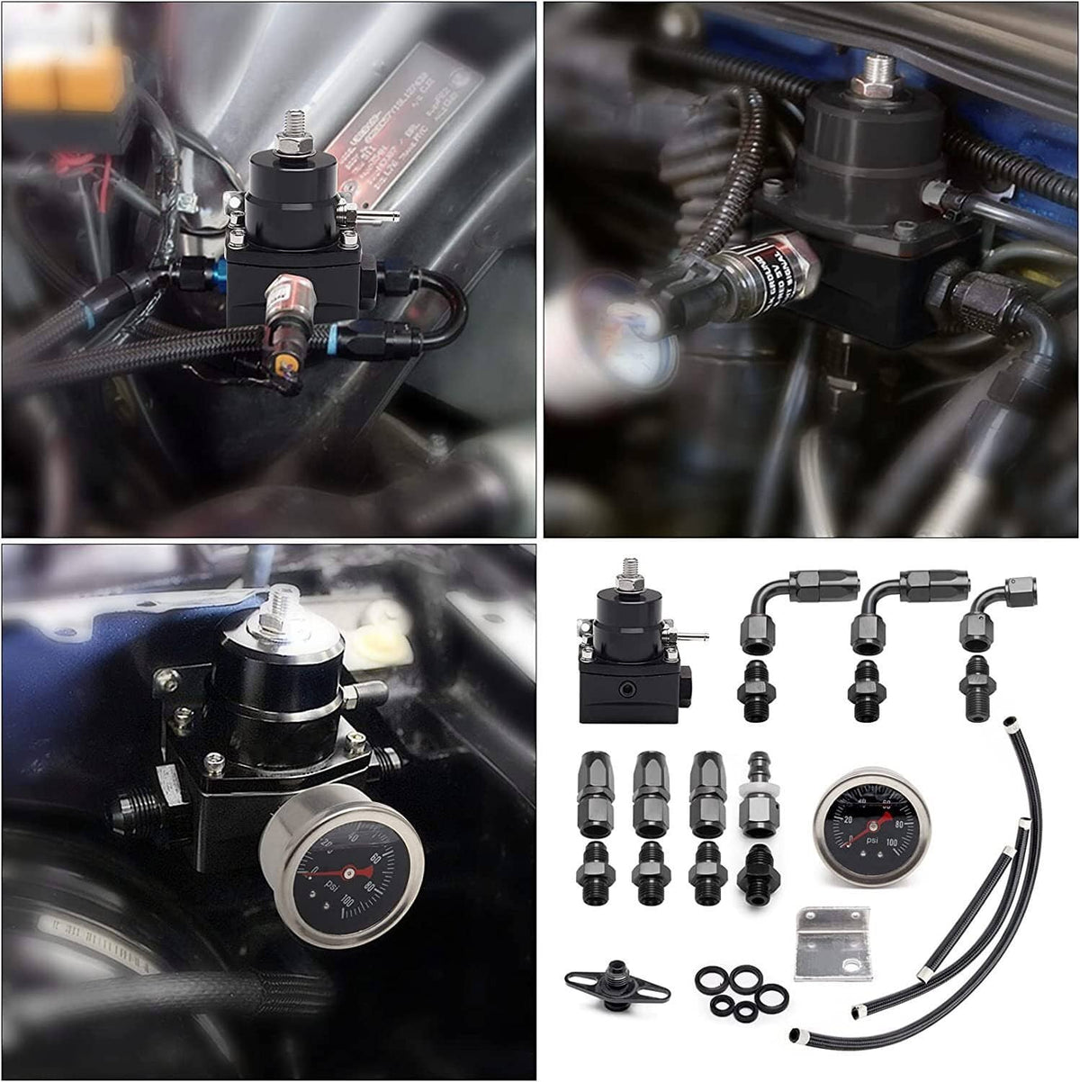 Solidspare Universal Fuel Pressure Regulator Kit 100psi Guage AN6 Fuel Line Hose Fittings