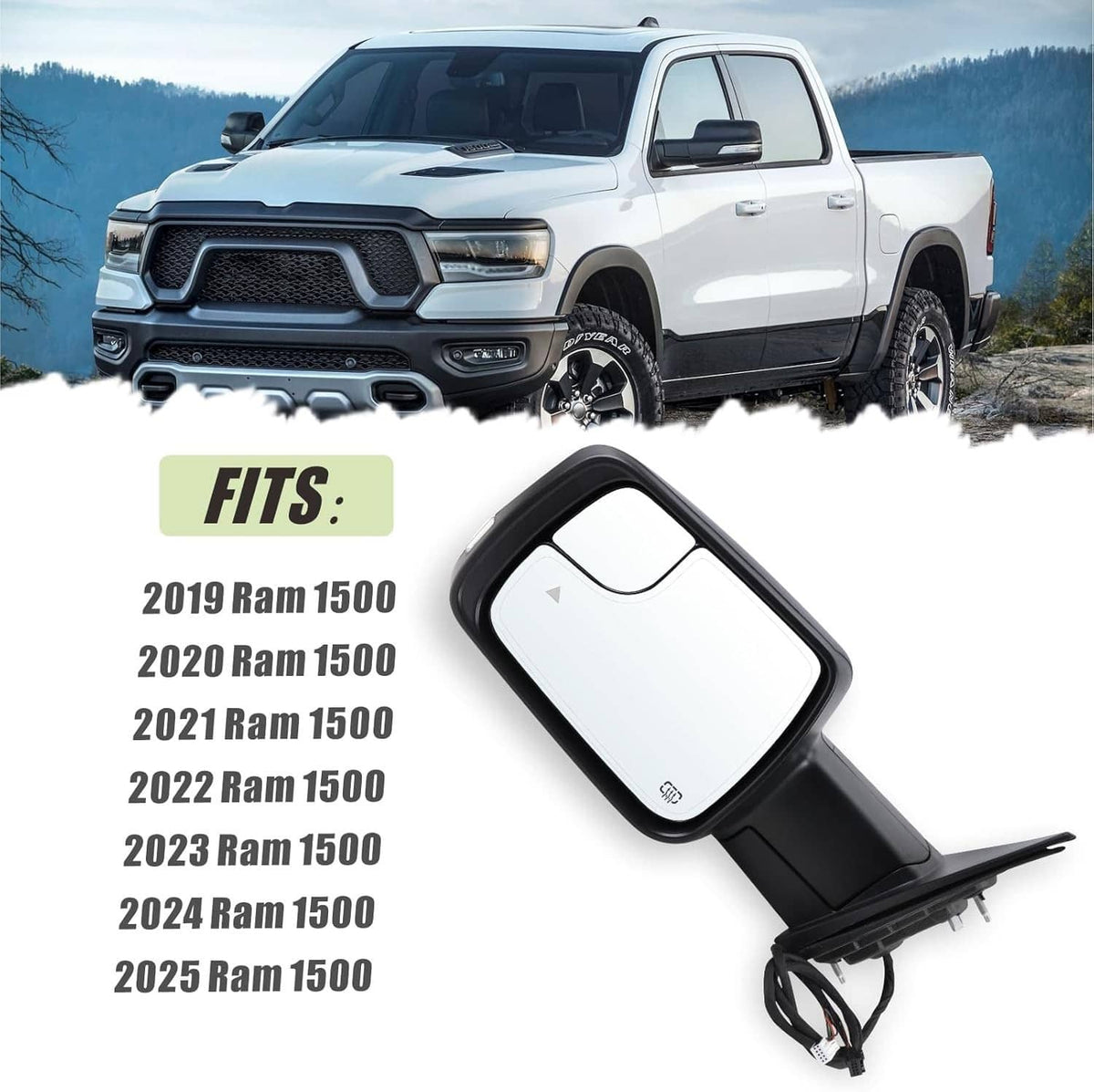 Solidspare Left Side For 2019-2024 Dodge Ram 1500 w/Power Fold Heated Mirror+LED Signal+BSD