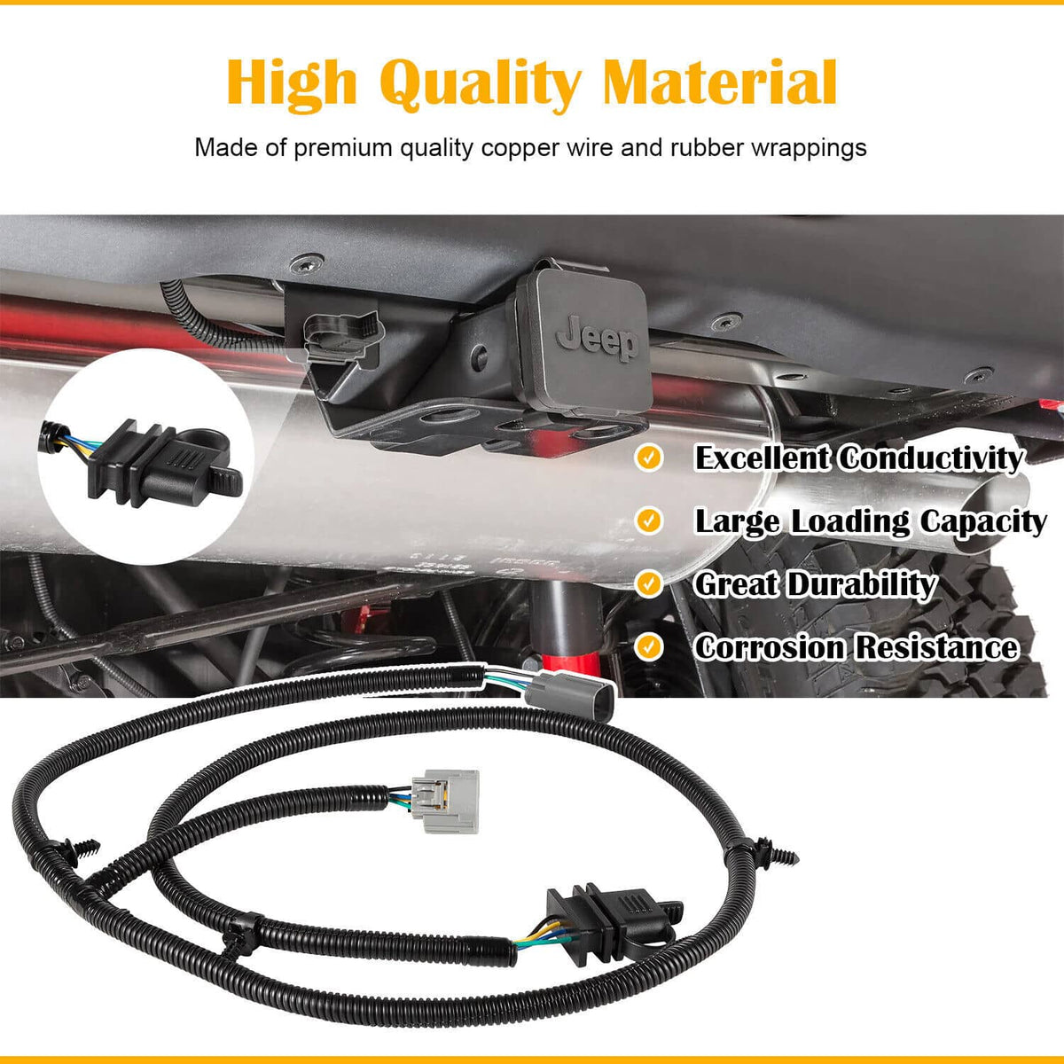 Solid Spare For 07-18 Jeep Wrangler JK 70.5" 4-Way Tow Hitch Trailer Wiring Harness 92015