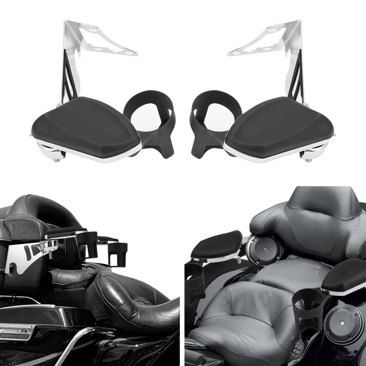 Solidspare Fit For Harley Tour Pak Touring Chrome Passenger Armrests Cup Holder 1997-2013