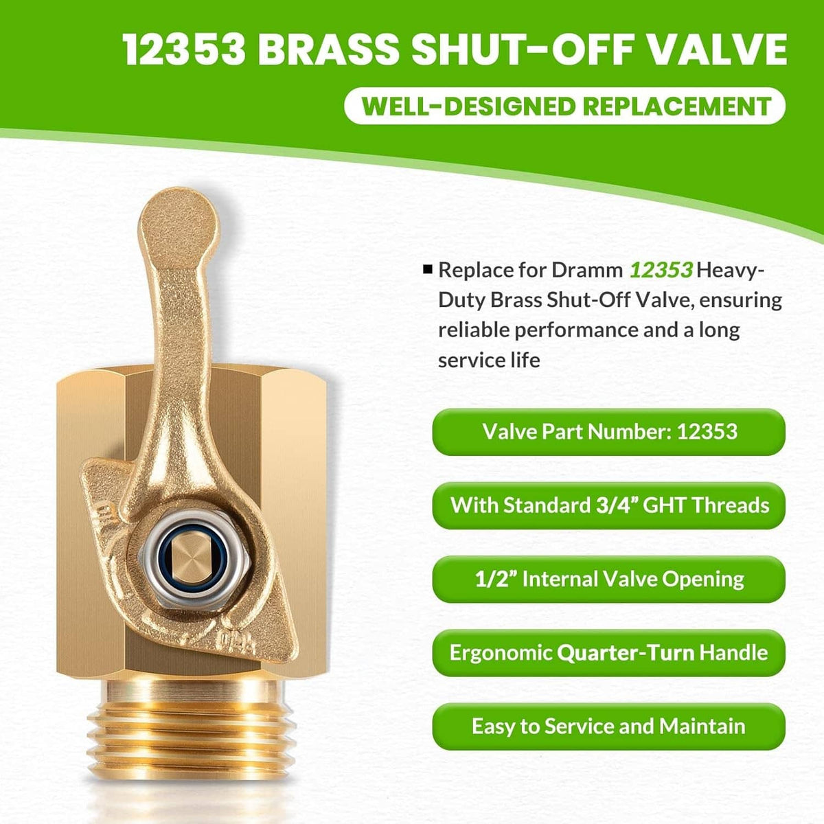 Solidspare 12353 Heavy-Duty Brass Shut-Off Valve 3/4” Hose Thread Full Flow 1/2” Opening
