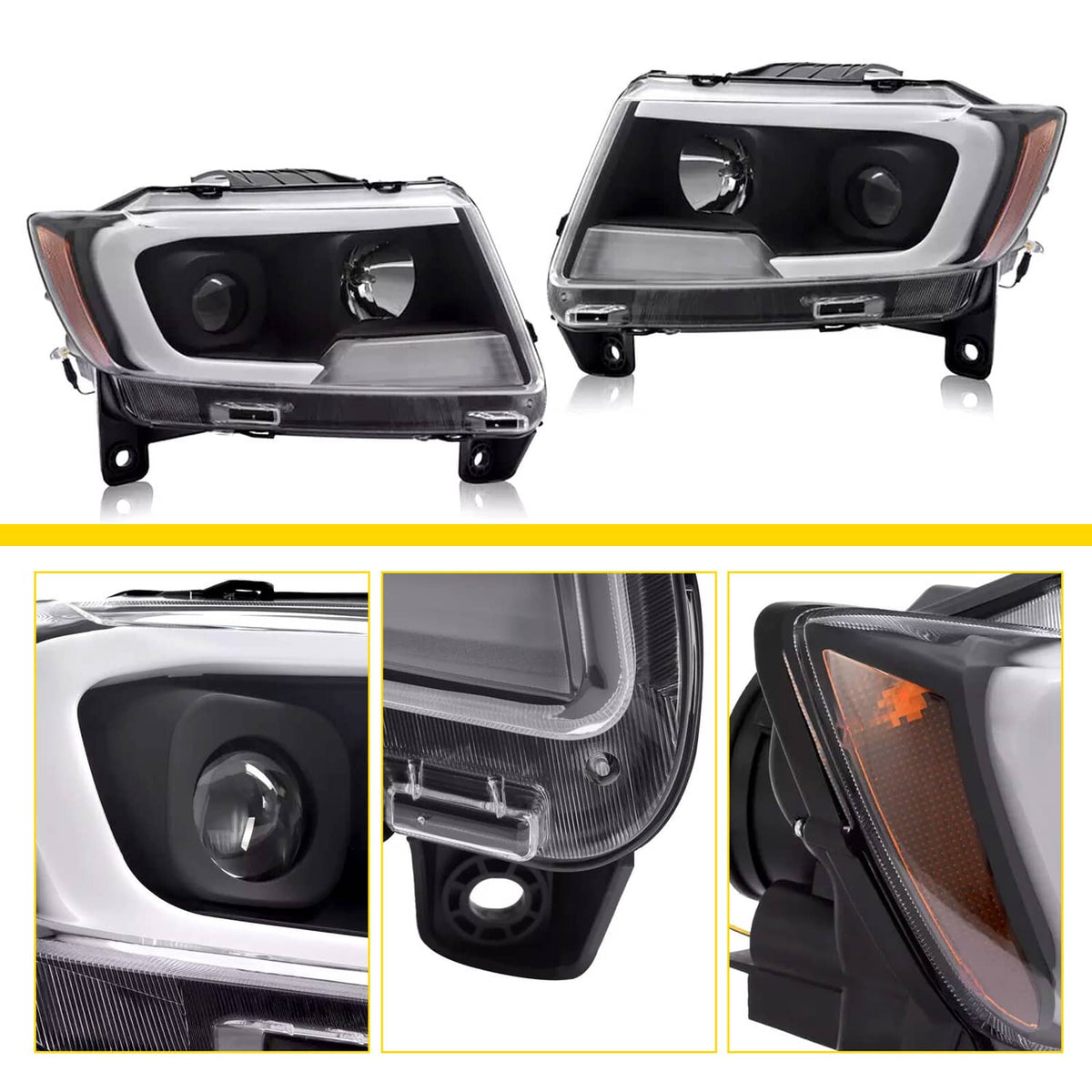 Solid Spare For Jeep Grand Cherokee 2011 2012 2013 LED DRL Projector Headlights Black Pair