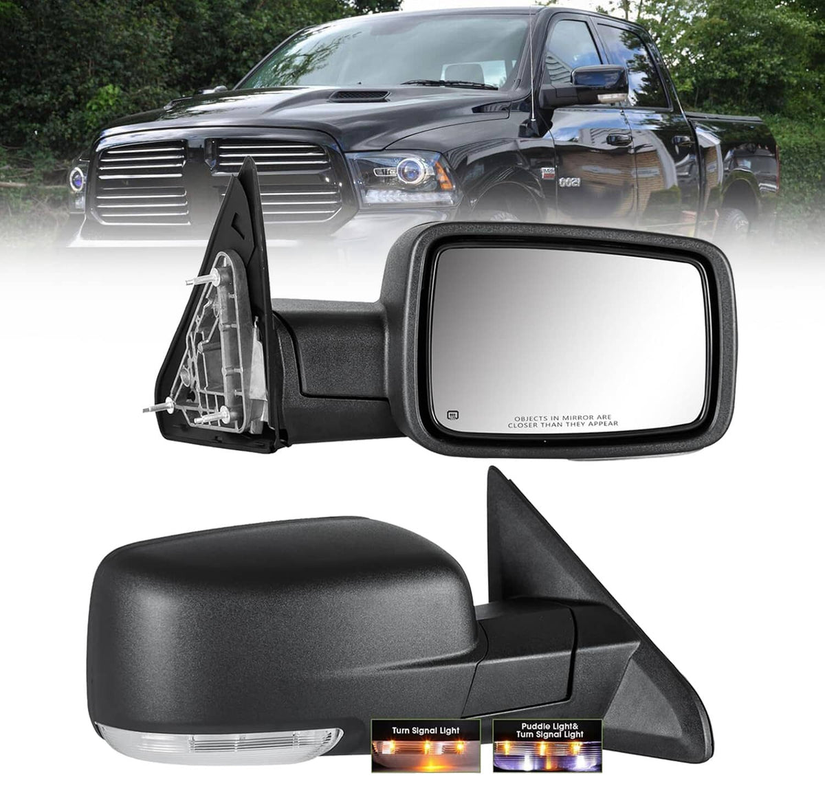 Solidspare Pair Mirror For 2013-2019 Ram 1500 Manual Fold Power Adjust Heated Puddle Light