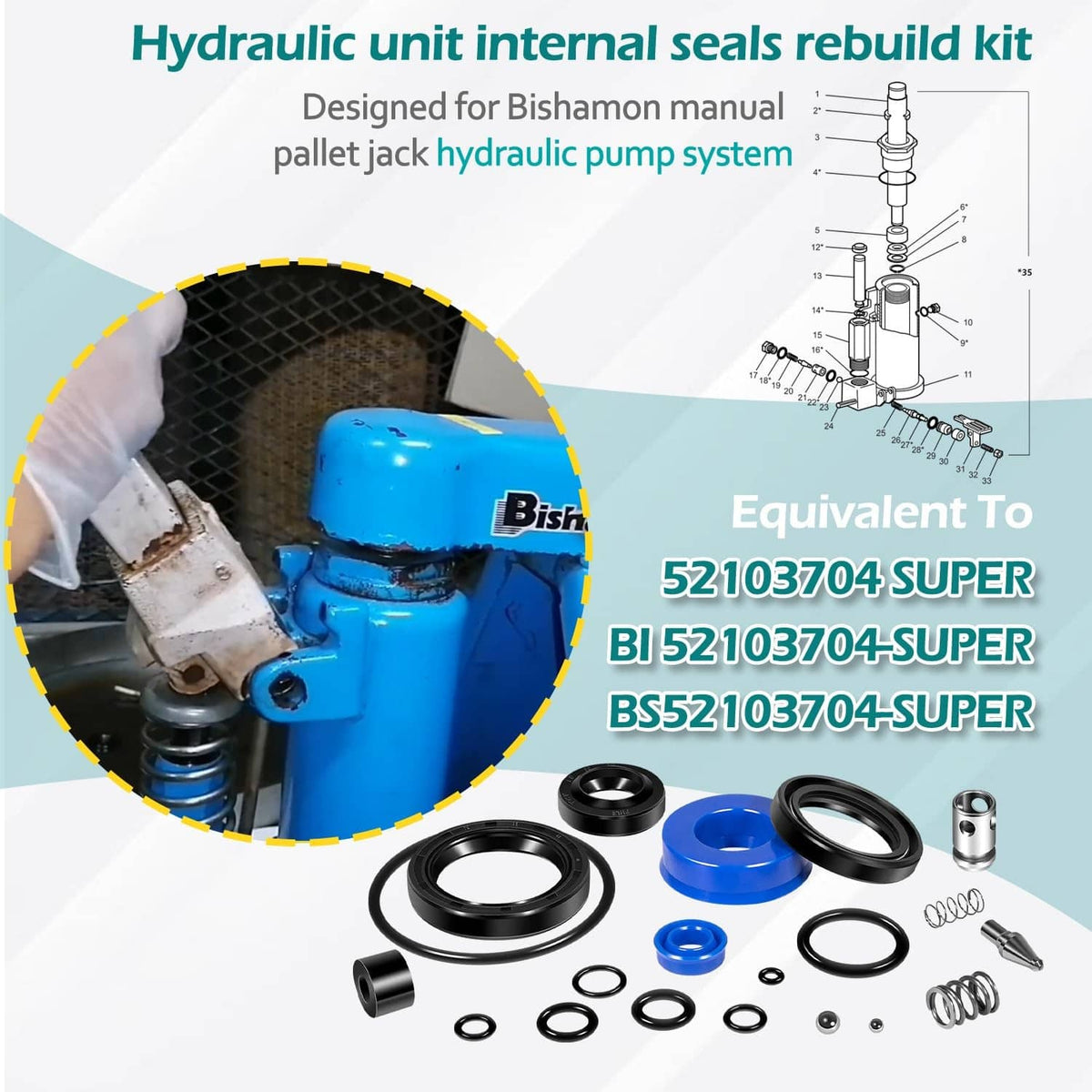 Solid Spare for Bishamon BS-55 BS-65 Manual Pallet Jack BI 52103704-SUPER Seal Repair Kit