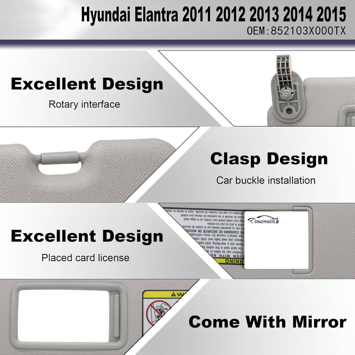 Solidspare Grey Sun Visor Makeup Mirror Left-Driver Side For 2011-2016 Hyundai Elantra MD