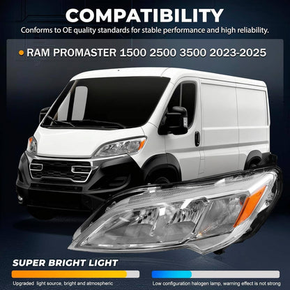 Solidspare Left+Right Side Headlight Halogen For 2023-2026 Dodge Ram Promaster 1500 2500