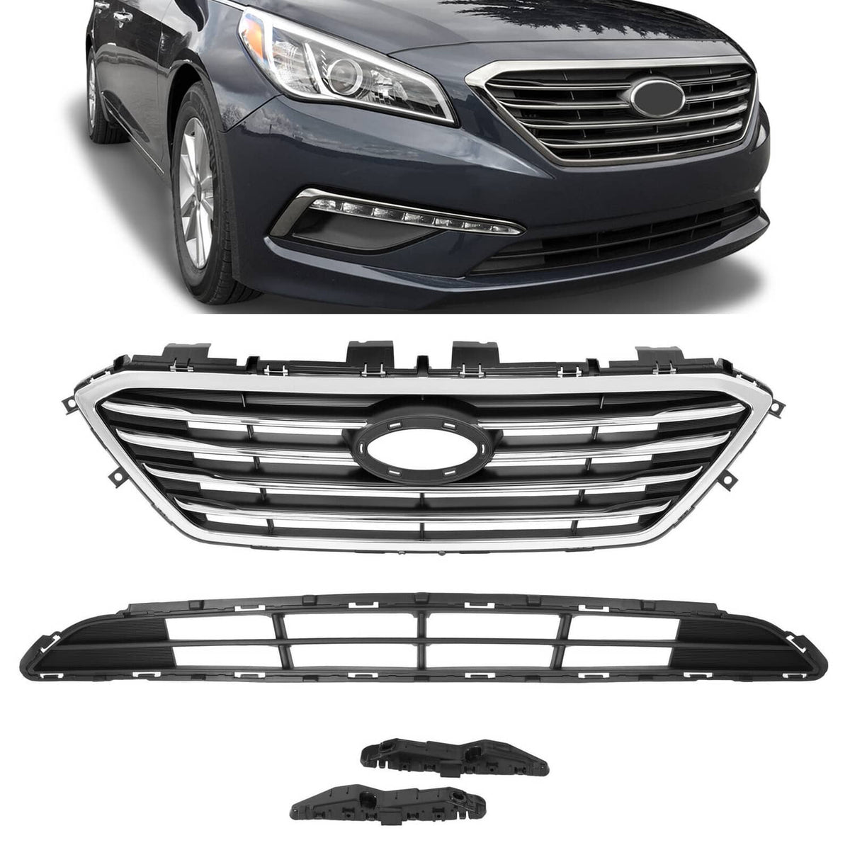 Solid Spare For 2015 2016 2017 Hyundai Sonata Front Upper Lower Grill W/ Bumper Bracket 4Pcs