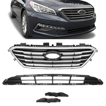 Solid Spare For 2015 2016 2017 Hyundai Sonata Front Upper Lower Grill W/ Bumper Bracket 4Pcs