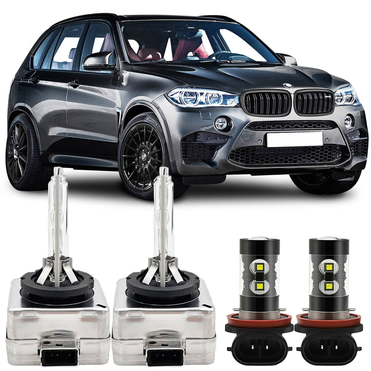Solidspare Front HID Headlight High-Low w/ LED Fog Light Bulbs For 2007-2015 BMW X5 White