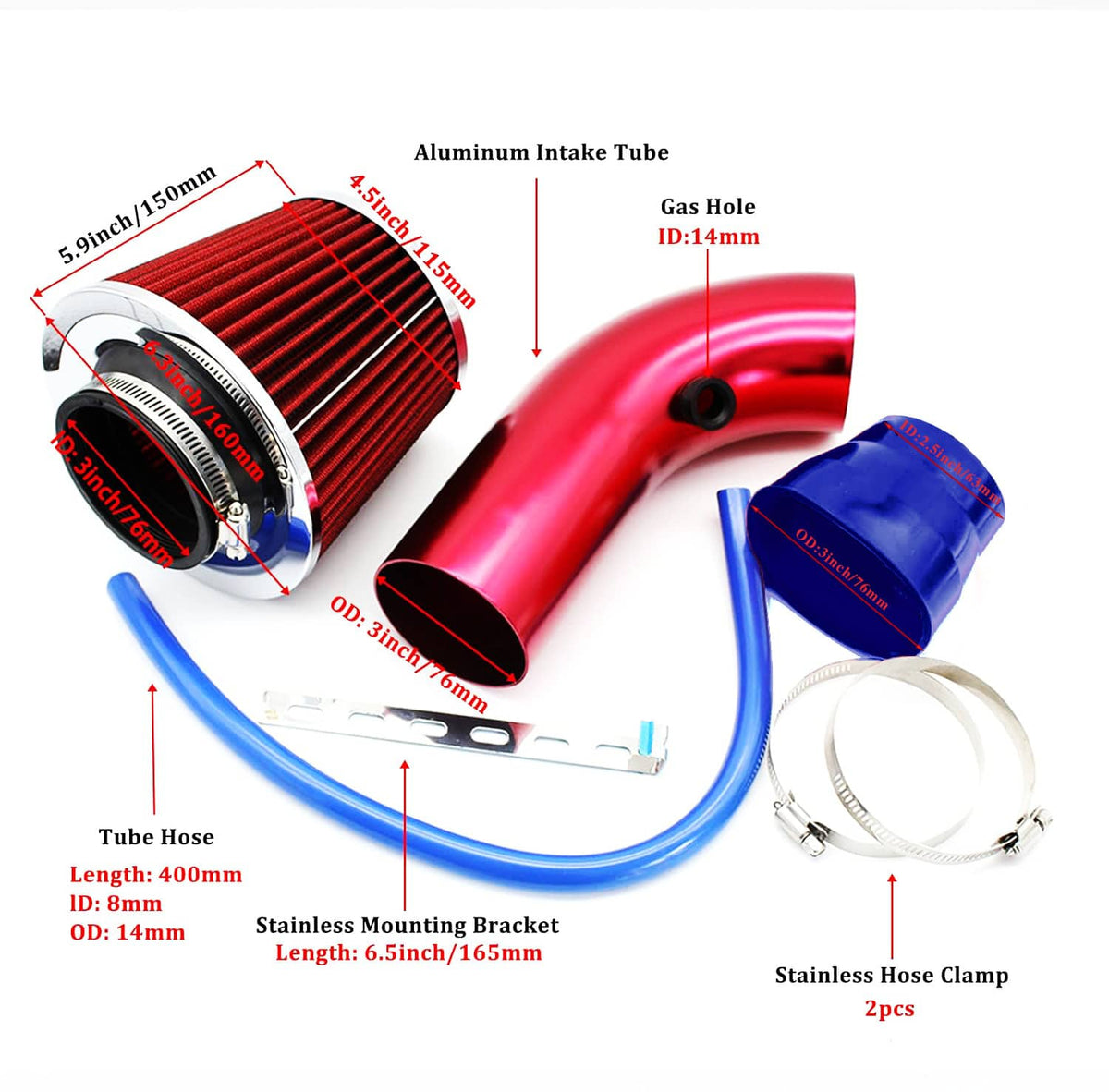Solidspare 3" Cold Air Intake Filter Induction Kit Aluminum Pipe Power Flow Hose System
