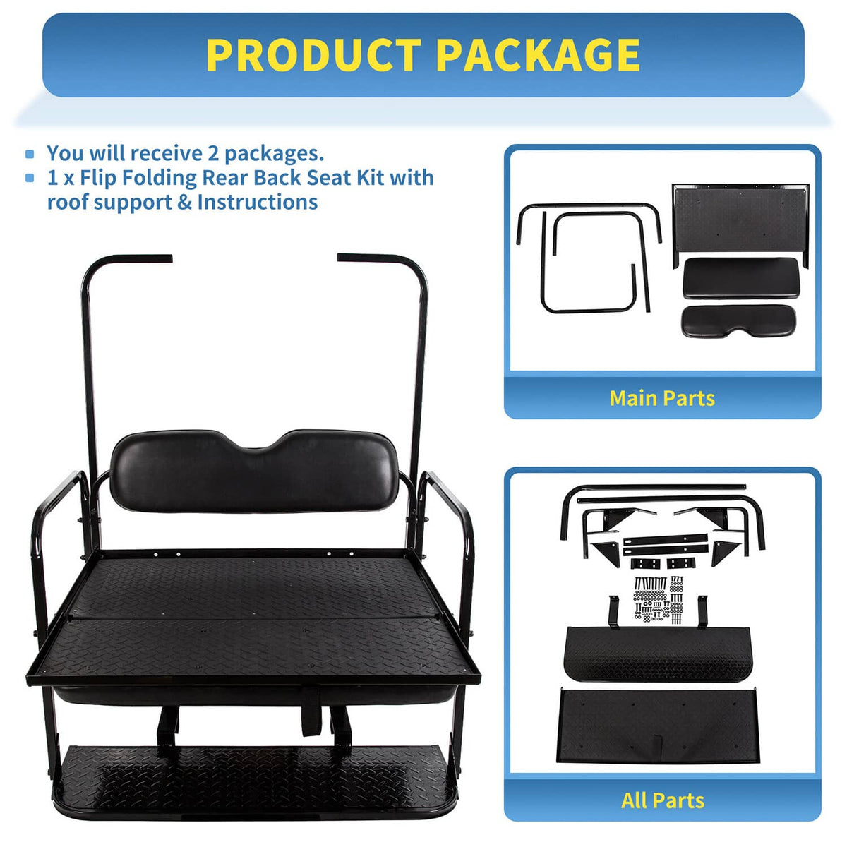 Solidspare Flip Folding Rear Seat Cushions Pad w/Roof Support For EZGO TXT 1995+ Golf Cart