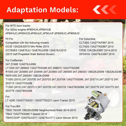 Solidspare Carburetor Kit Fits MTD 951-05149 HY-4P90F CC30 13A226JD010 LT1500 4P90HUA
