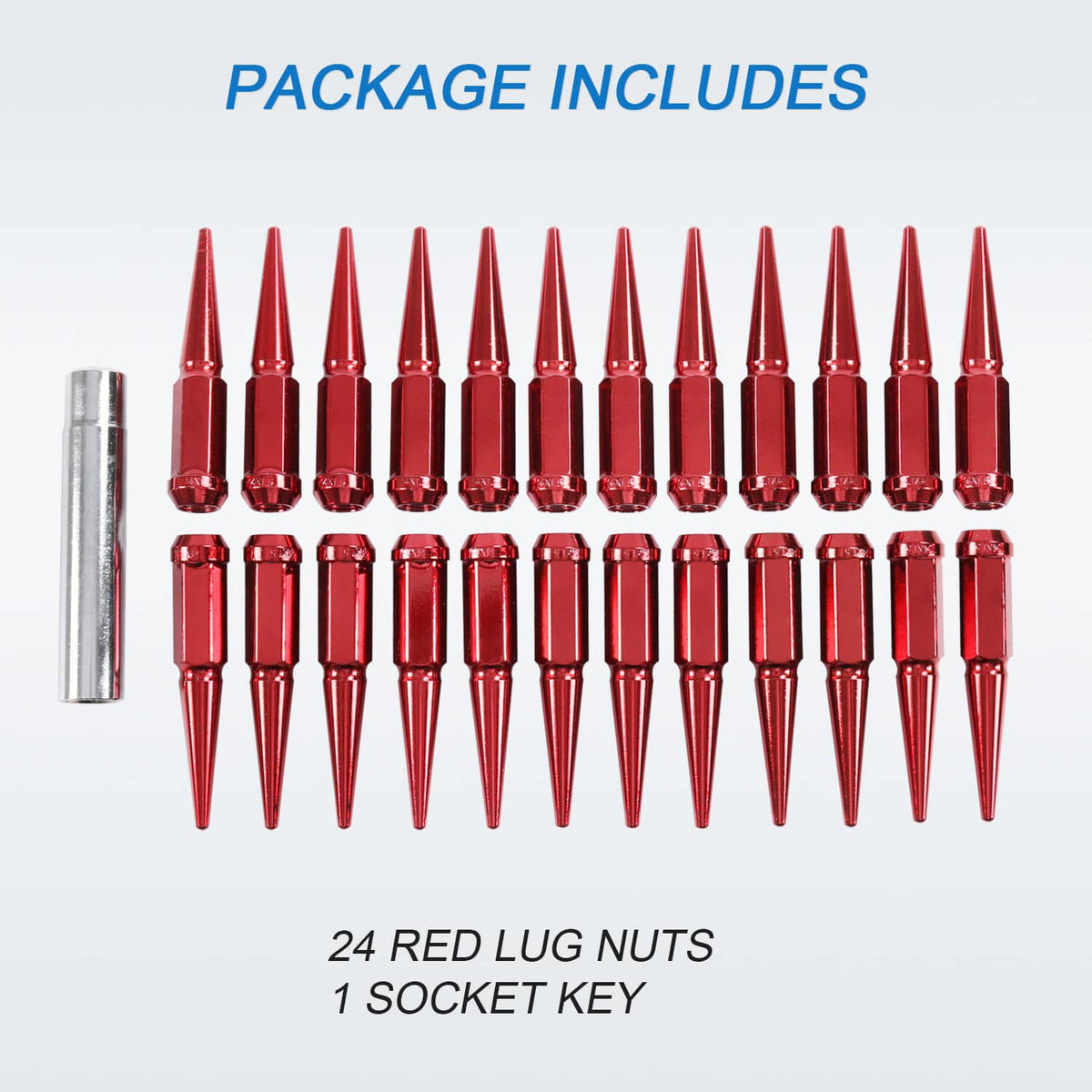 Solidspare 24 PCS Spike Lug Nuts 14x1.5 Red For Chevy Silverado Tahoe 4.4" Tall W/ Key