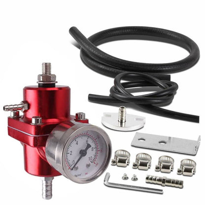Solidspare Universal Red Adjustable Fuel Pressure Regulator + Gauge+ Fitting Kit Aluminum