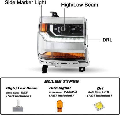 Solidspare Pair Chrome Headlights For 2016-2018 Chevy Silverado 1500 HID/Xenon Headlamps