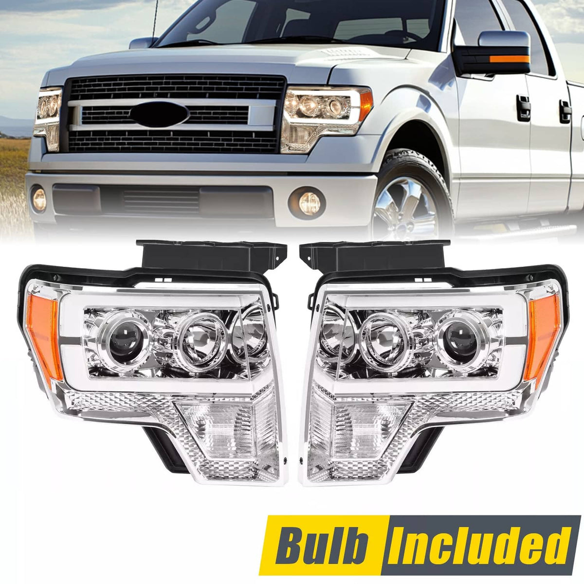 Solid Spare Projector Headlight Assembly Fit Ford F150 F-150 2009-2014 Chrome DRL LED Tube