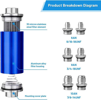Solidspare Blue 30 Micron Billet Aluminum Inline Fuel/petrol Filter + Bracket AN6/AN8/AN10