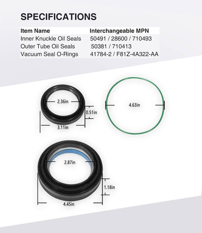 Solid Spare Front Axle Knuckle Tube Seal Kit & Thrust Washer Snap Ring for Ford F250 F350