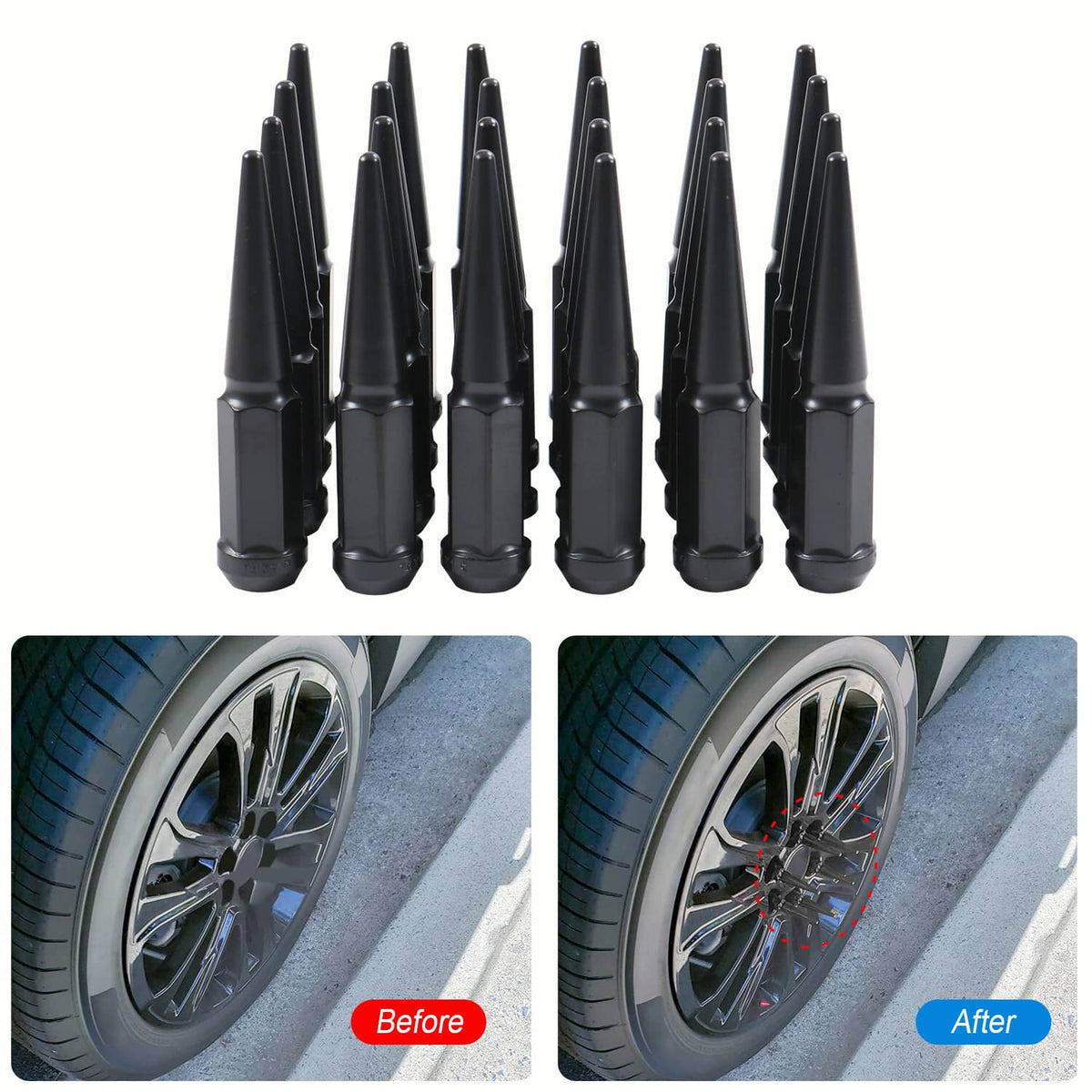 Solidspare 24PCS Spike Lug Nuts 14x1.5 Black For Chevy Silverado Tahoe 4.4" Tall with Key