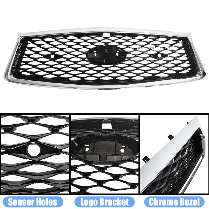 For 2018-2023 Infiniti Q50 Chrome Bezel Front Bumper Black Grille W/sensor holes
