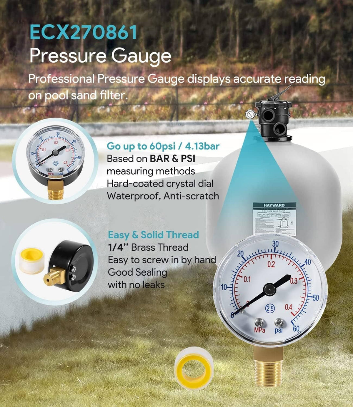 Solid Spare ECX270861 Boxed Pressure Gauge for Select Hayward Sand and D.E. Pool Filter