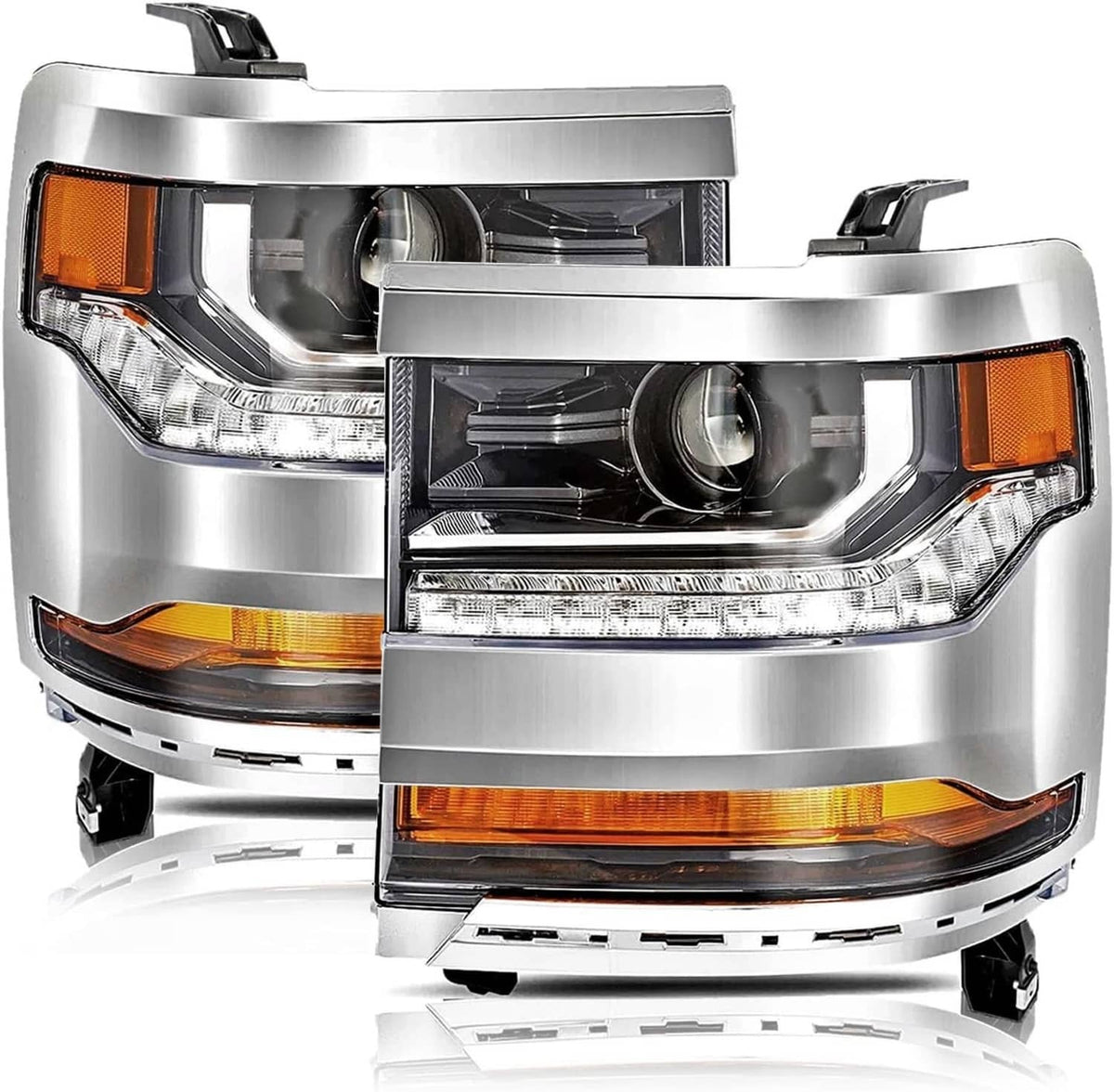 Solidspare Pair Chrome Headlights For 2016-2018 Chevy Silverado 1500 HID/Xenon Headlamps