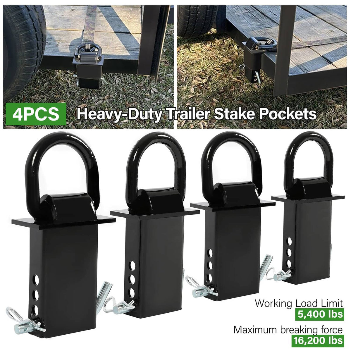 Solidspare Heavy Duty 4 Pack Trailer Adjustable Stake Pocket D-Ring Zinc 2”×4" 16200LBS
