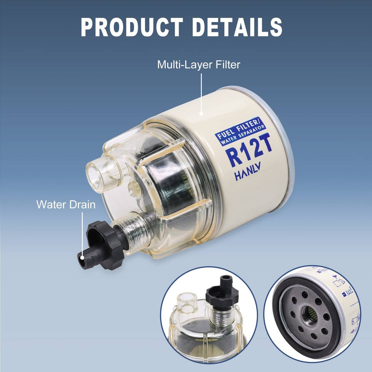 Solidspare R12T Fuel Filter Water Separator Spin-on with Water Collection Bowl For Marine