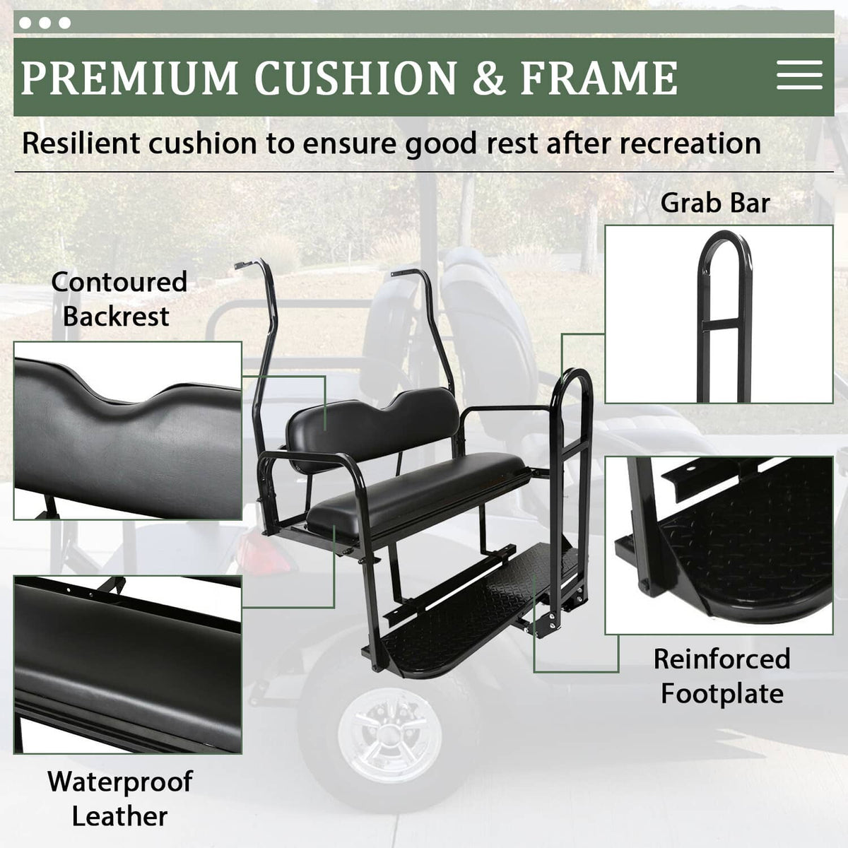 Solidspare Golf Cart Flip Rear Back Seat Kit Black Cushion For Club Car DS 00-13 w/Grab Bar
