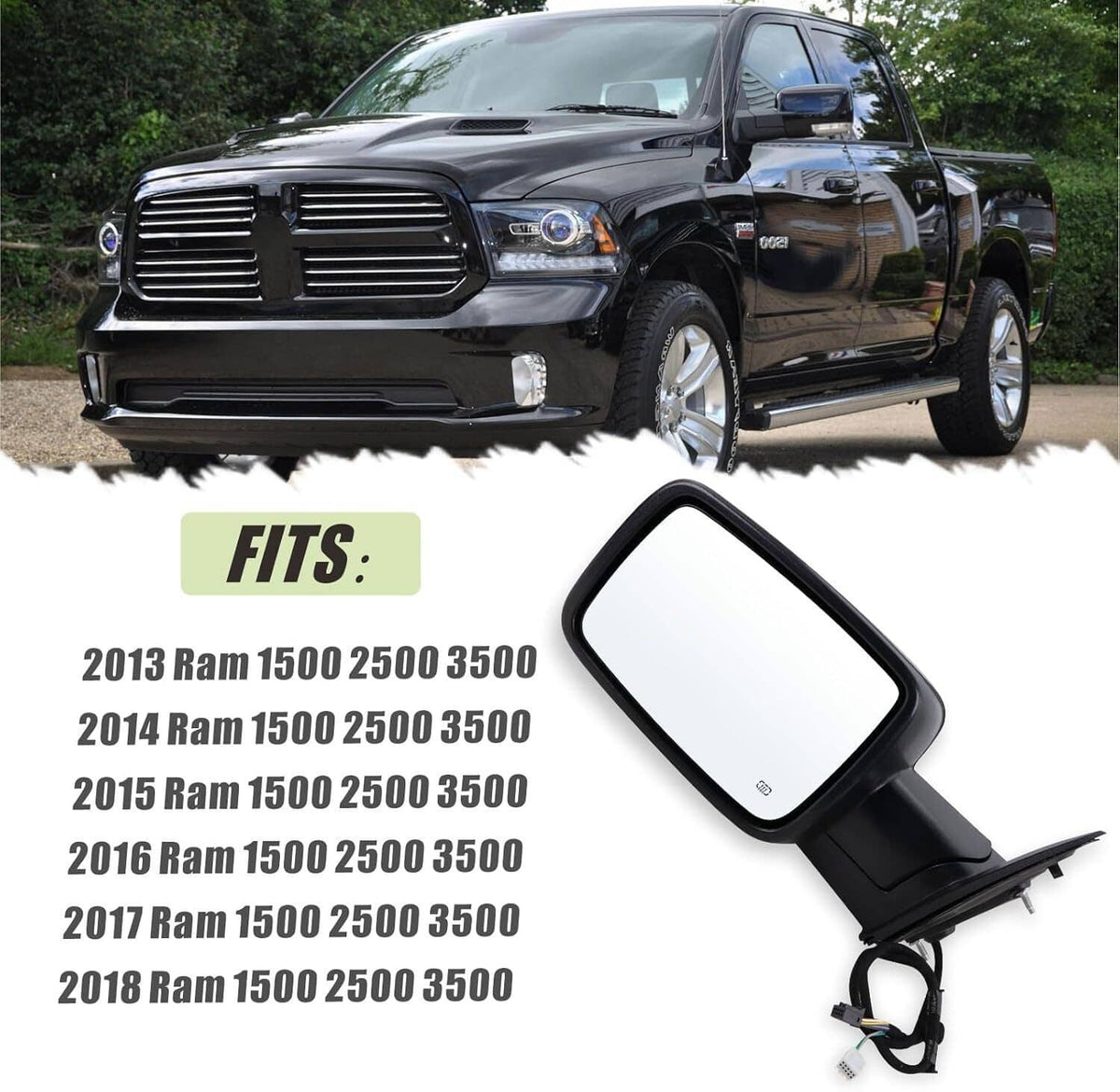 Solidspare Pair Mirror For 2013-2019 Ram 1500 Manual Fold Power Adjust Heated Puddle Light