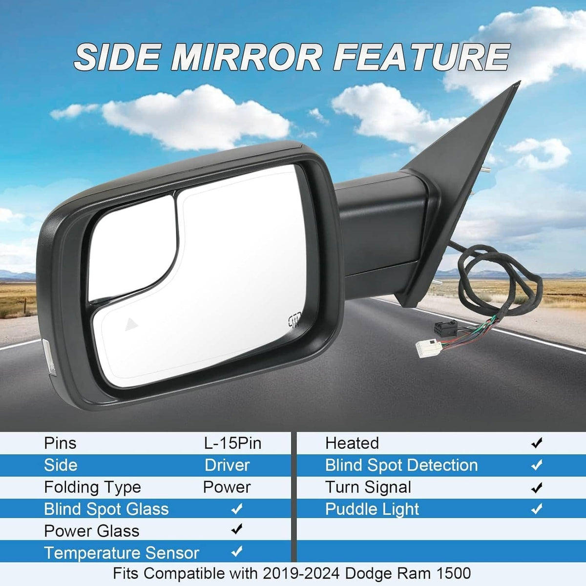 Solidspare For Dodge Ram 1500 2019-2024 Left Driver Side Mirror Heated Signal Blind Spot