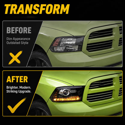 Solidspare For 2009-2018 Dodge Ram 1500 2500 3500 Black Projector Headlights with LED DRL
