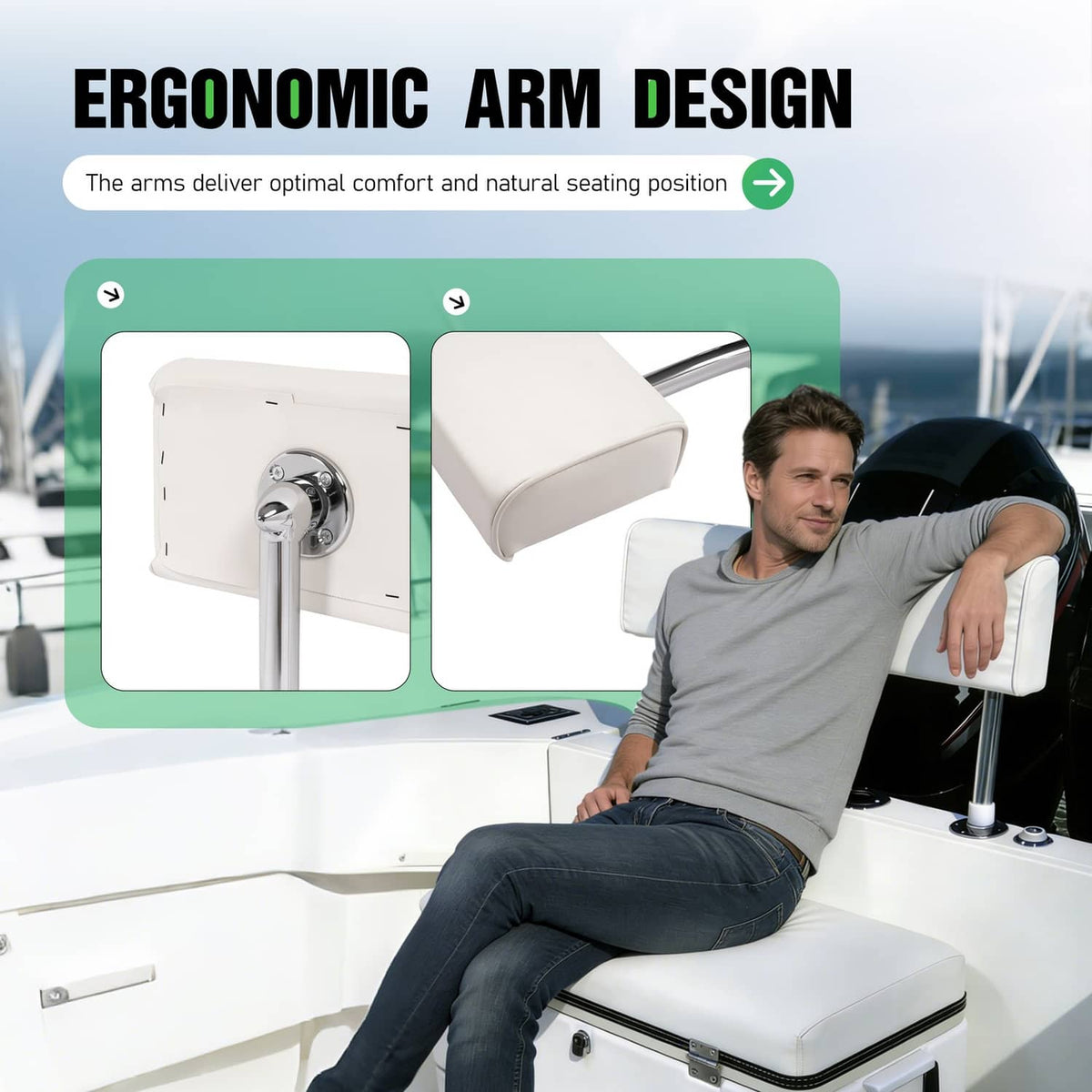 Solidspare For Universal Boat Seat Backrest W/Folding Arms Leaning Post White + Silvery