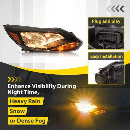 Solid Spare Black Right Passenger Side Headlight Clear Lens Halogen For Ford Focus 2012-2014