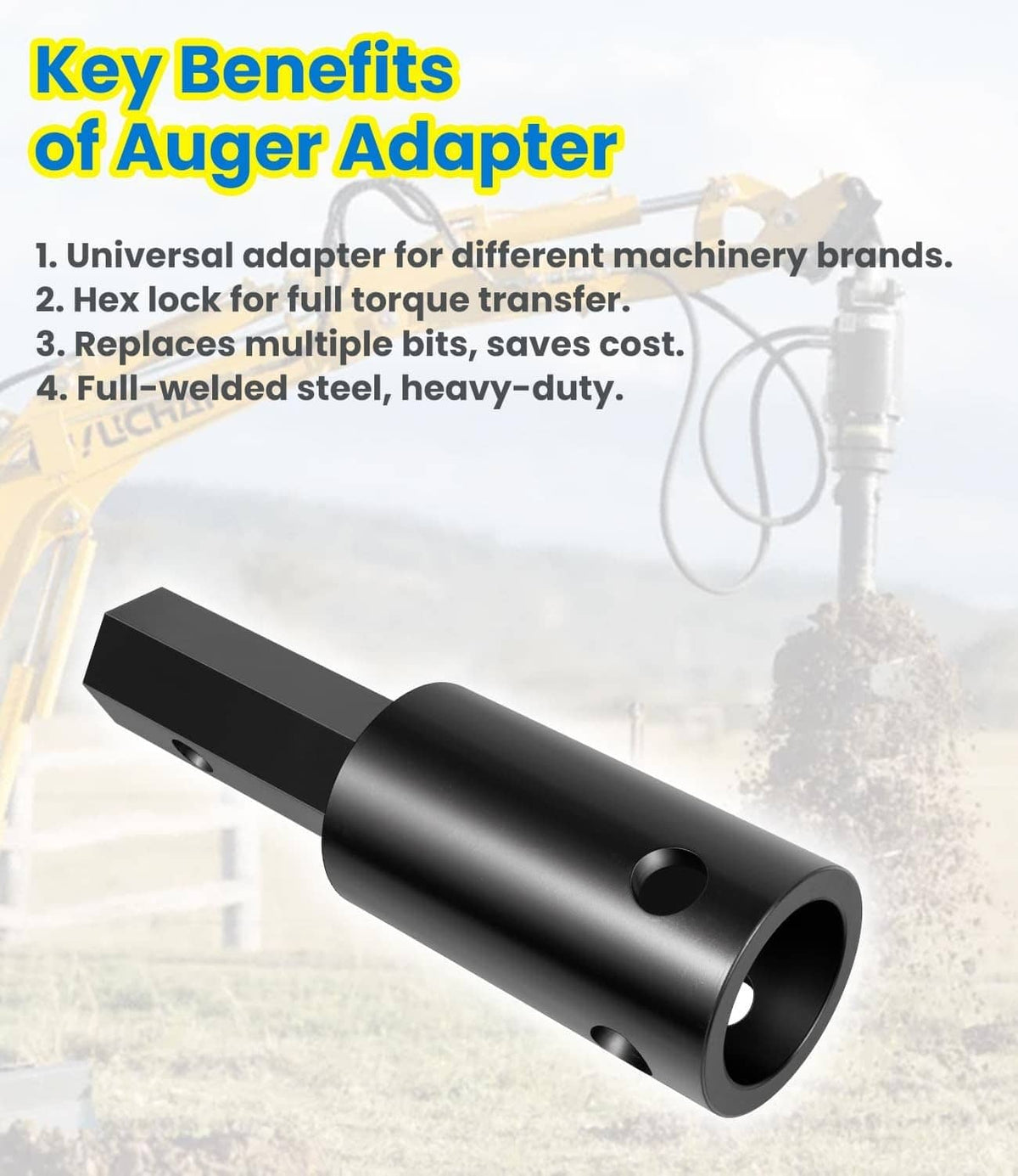 Solid Spare Heavy Duty Auger Adapter 2-9/16" Female Round to 2" Male Hex for Augers