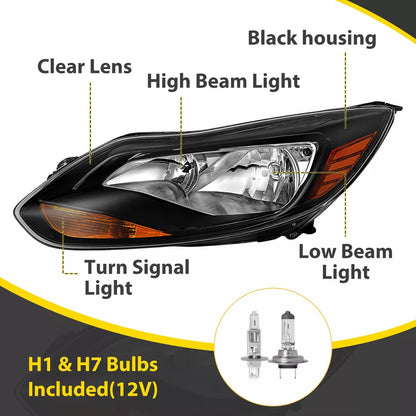 Solid Spare Black Left Driver Side Headlights Clear Lens Halogen Fits Ford Focus 2012-2014