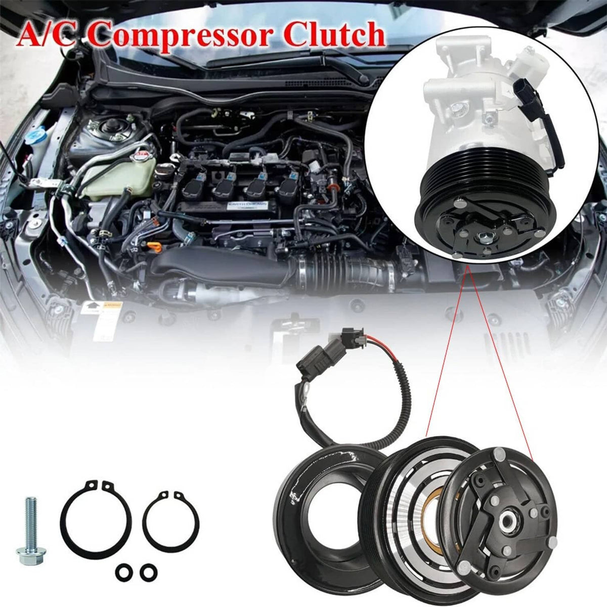 Solidspare AC Compressor Clutch 12V Kit w/7-Groove for Honda Civic 2016 2017-2021 L4 2.0L