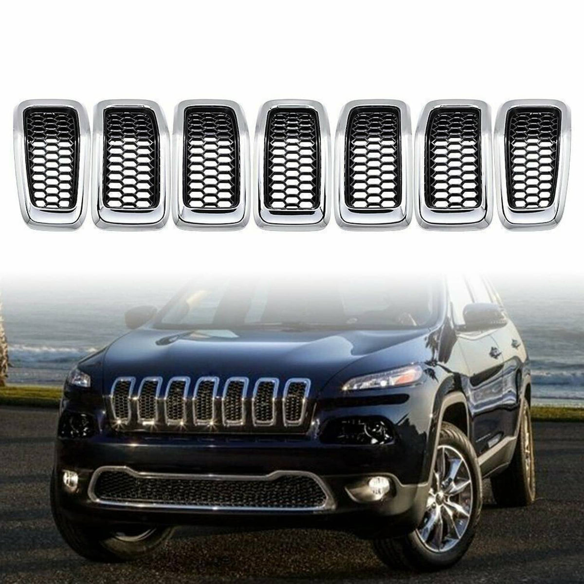 Solidspare 7x Chrome Front Bumper Grille Insert Honeycomb Mesh For 2014-2018 Jeep Cherokee