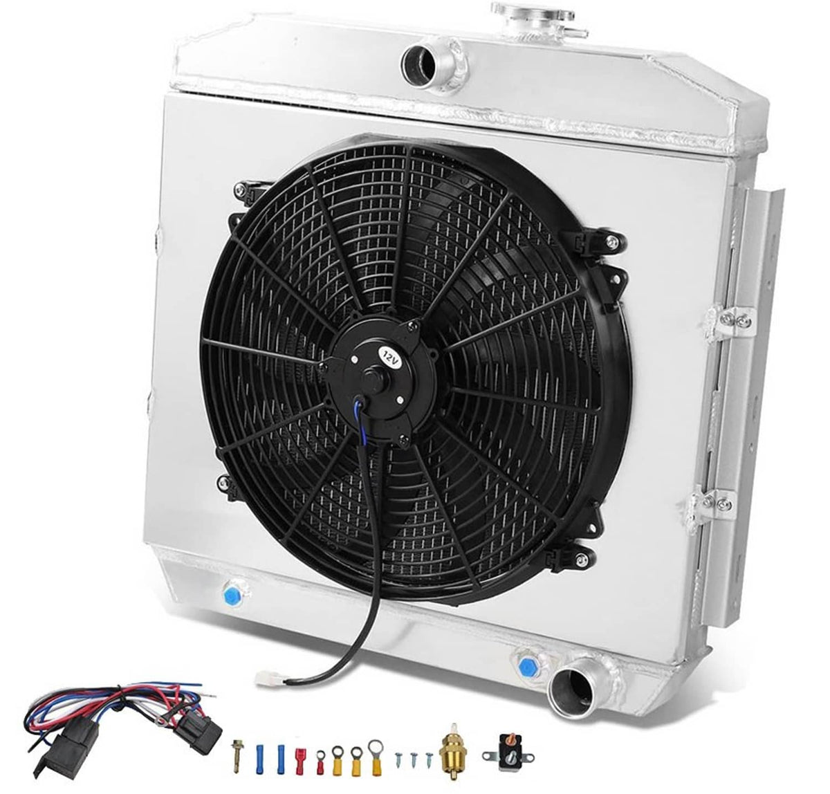 Solidspare For 1955-1957 Chevy Block V8 Bel Air 3 Row Aluminum Radiator+Fan Shroud+Relay