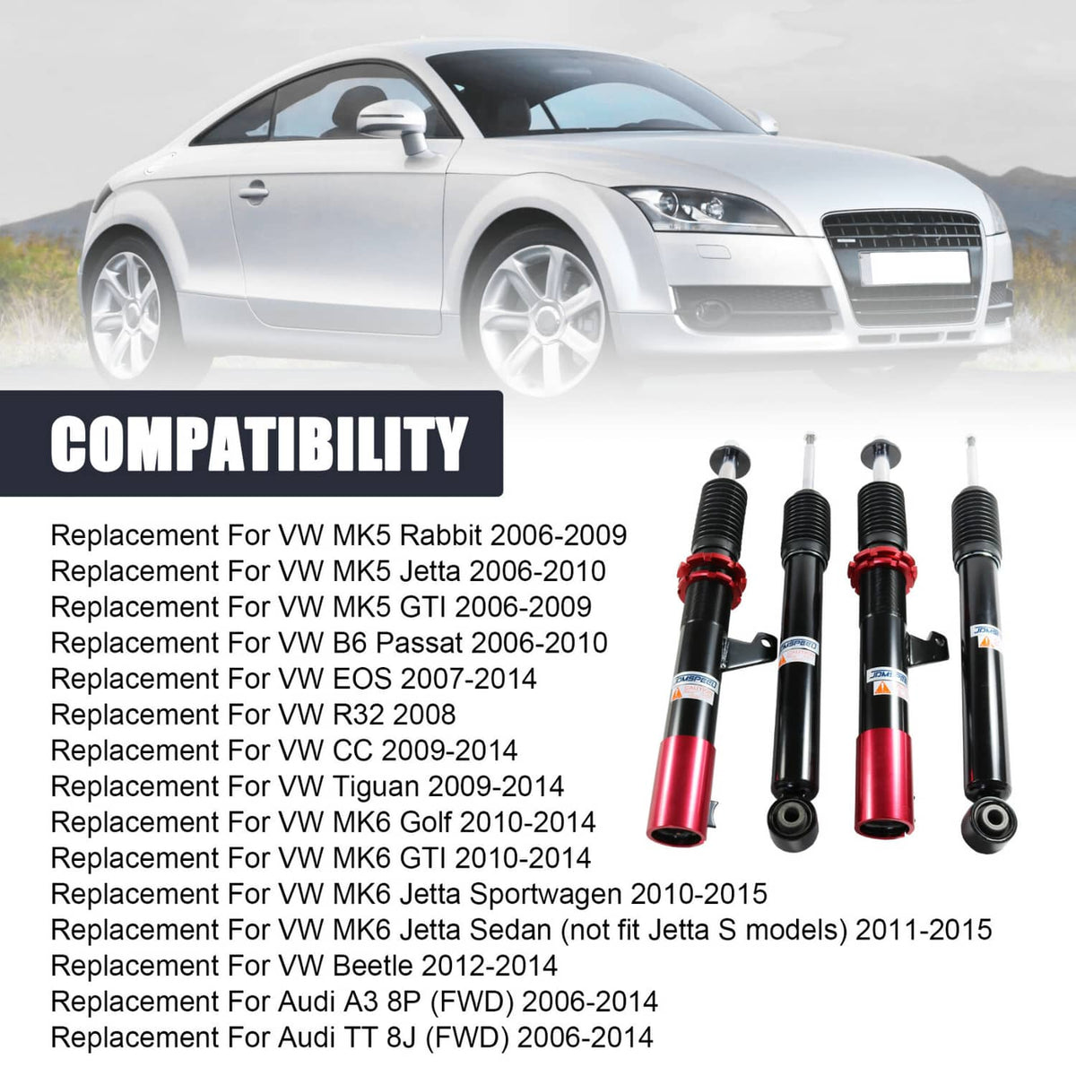 Solidspare Coilover Struts FOR VW MK5 MK6 GOLF/JETTA 06-14 Suspension Spring KIT Adj Height