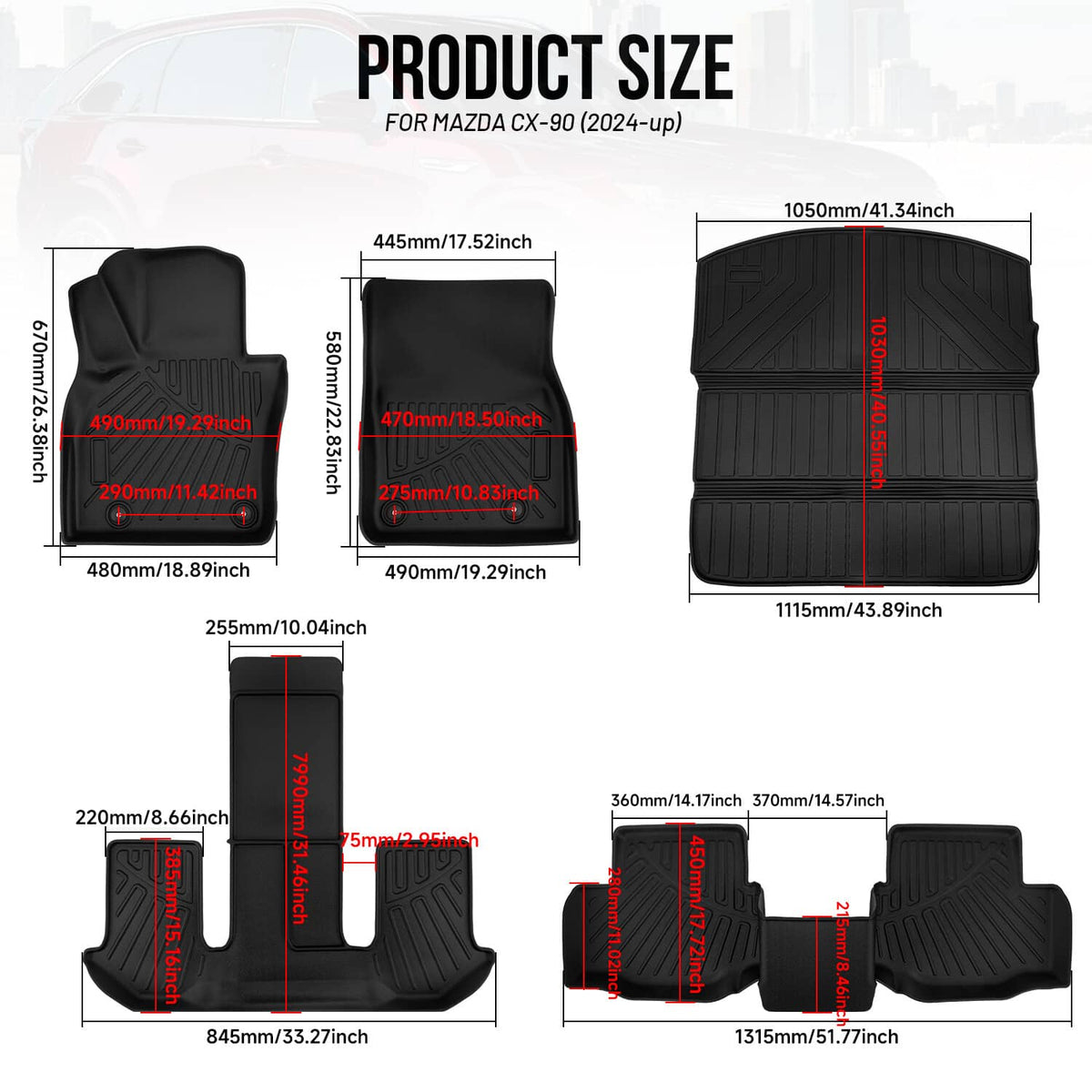 Solidspare Front Floor Mats & Rear Cargo Liner Fit for Mazda CX-90 2024 2025 TPE Rubber