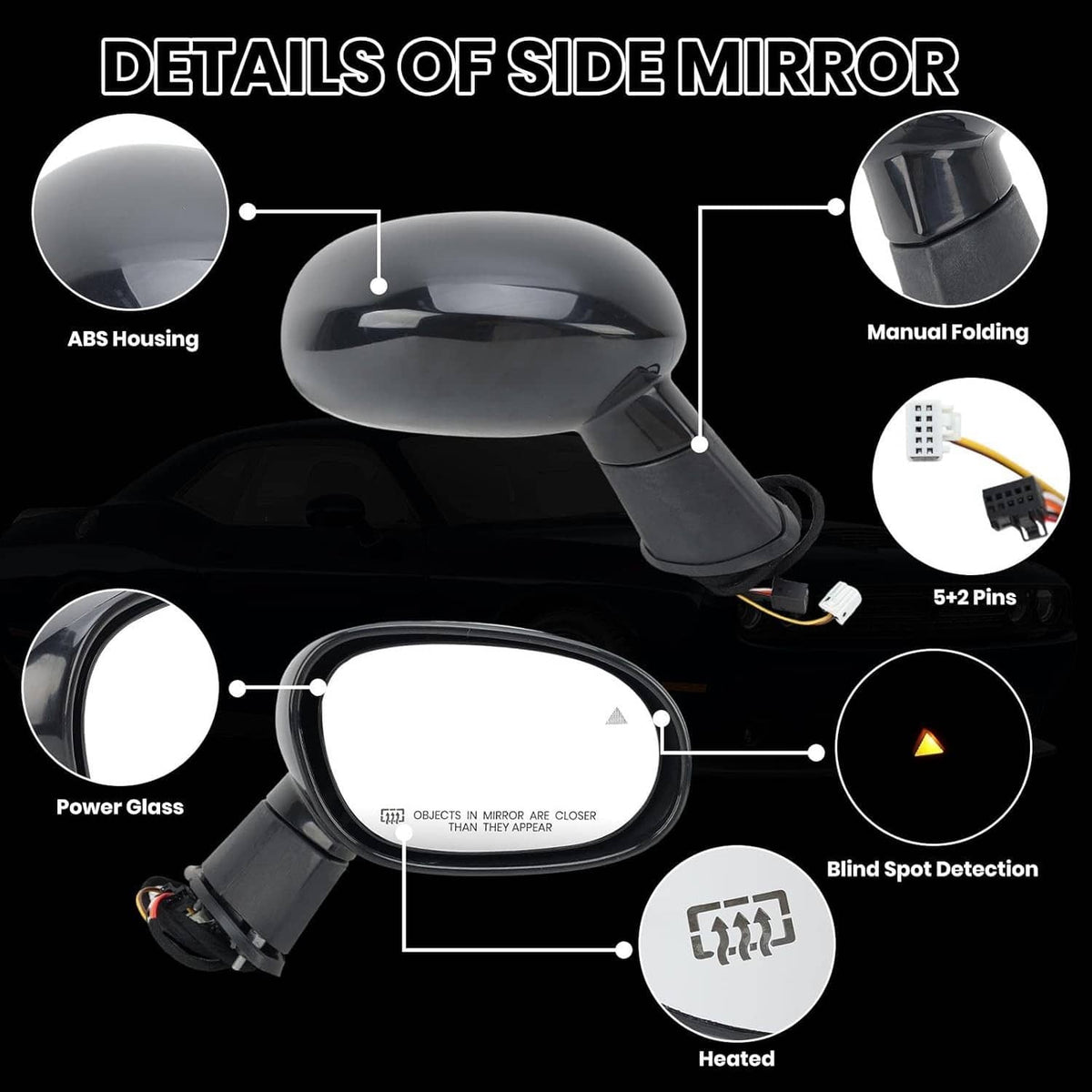 Solidspare Passenger Side Mirror w/ Heated Hand For 2015-2019 Dodge Challenger 5LD66DX8AD