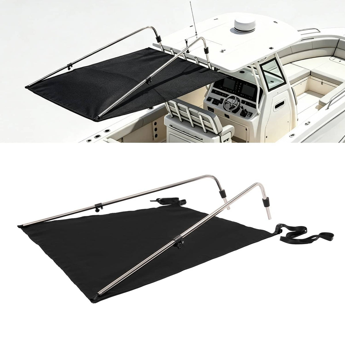 Solidspare Black Boat Sun Shade 304 Stainless Steel+Fabric Canopy For Universal Boat